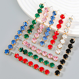 Fashion Multi-layer Round Water Diamond Inlaid Long Earrings with Colorful Gems for Girls and Women