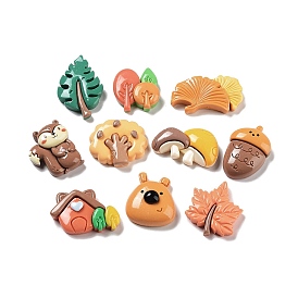 Autumn Theme Opaque Resin Cabochons, Ginkgo Leaf & Mushroom & Squirrel, Mixed Shapes