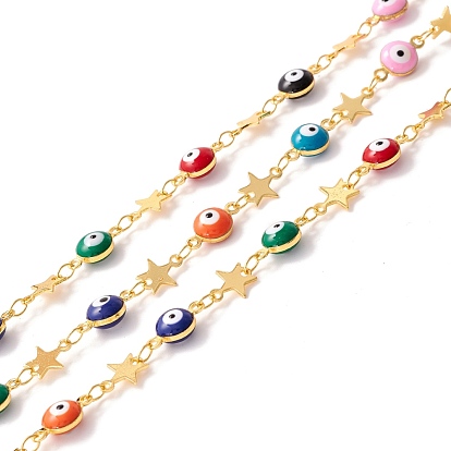 Handmade Brass Enamel Link Chains, Flat Round with Evil Eye and Star, Long-Lasting Plated, Soldered, with Spool, Lead Free & Cadmium Free, Golden