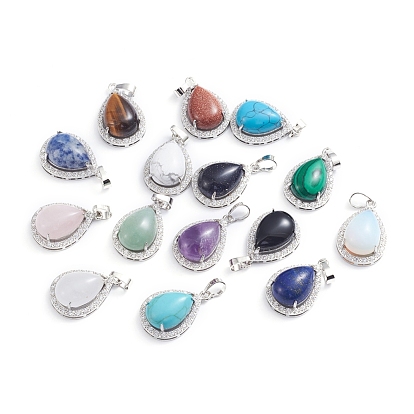 Gemstone Pendants, with Platinum Plated Brass Settings and Crystal Rhinestone, Teardrop