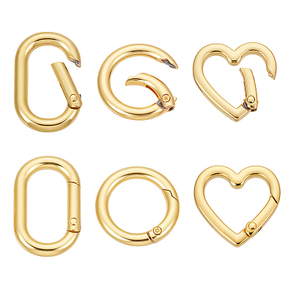 6шт 3 стили латунные пружинные затворные кольца, круглый и сердце и овал