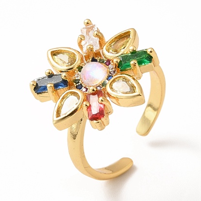 Cubic Zirconia Flower Open Cuff Rings, Real 18K Gold Plated Brass Jewelry for Women, Lead Free & Cadmium Free