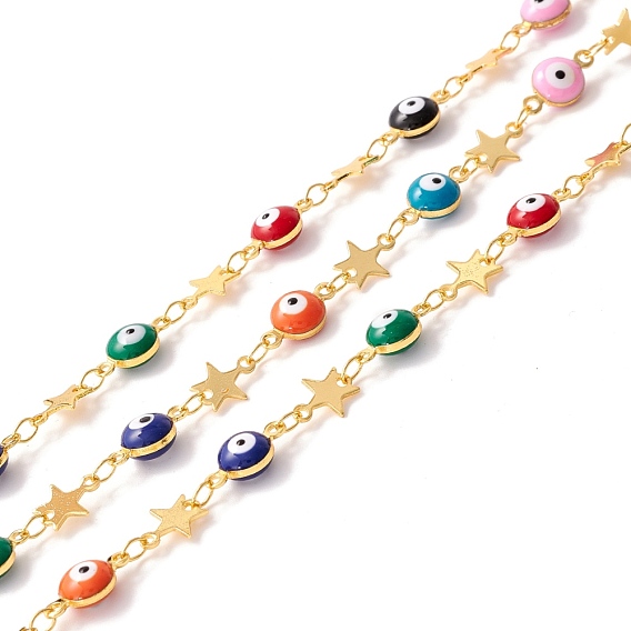 Handmade Brass Enamel Link Chains, Flat Round with Evil Eye and Star, Long-Lasting Plated, Soldered, with Spool, Lead Free & Cadmium Free, Golden