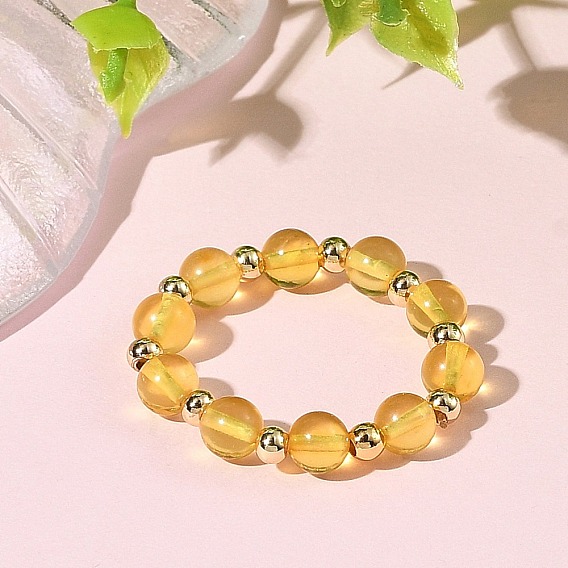 Natural Amber Finger Rings for Women, Adjustable Brass Stretch Rings