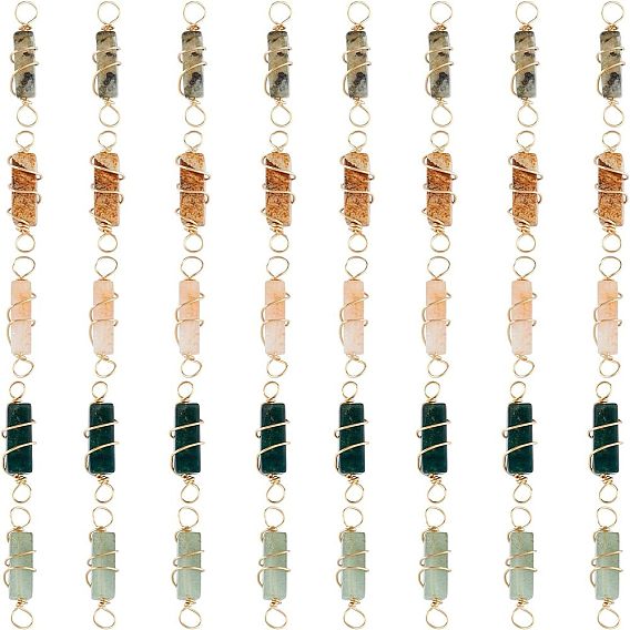 40 шт. 5 стили натуральный драгоценный камень медная проволока обернутая соединительные подвески, натуральный лабрадорит, индийский агат, зеленый авантюрин, картинная яшма и карнлиан, кубоид