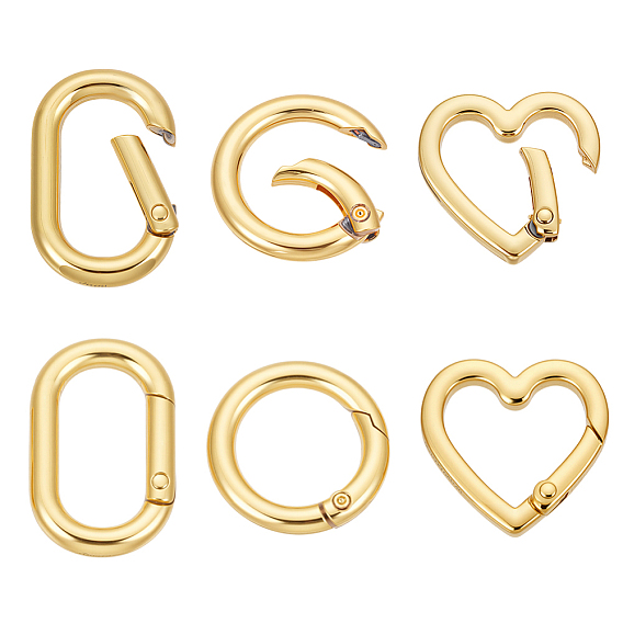 6шт 3 стили латунные пружинные затворные кольца, круглый и сердце и овал