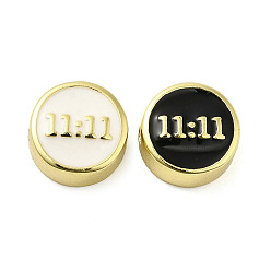 Rack Plating Brass Enamel Beads, Long-Lasting Plated, Cadmium Free & Lead Free, Real 18K Gold Plated, Flat Round with Number 11:11