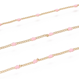 Handmade Brass Curb Chains, Heart Link Chains, with Enamel and Spool, Unwelded, Long-Lasting Plated, Cadmium Free & Nickel Free & Lead Free, Real 18k Gold Plated