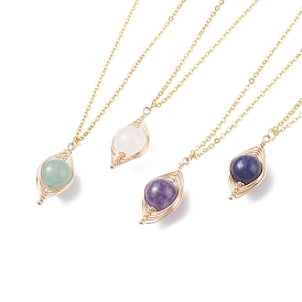 Round Natural Stone Braide Pendant Necklace, Brass Wire Wrap Necklace with Cable Chain for Women