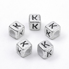 Plated Acrylic Beads, Horizontal Hole, Cube with Letter, Antique Silver