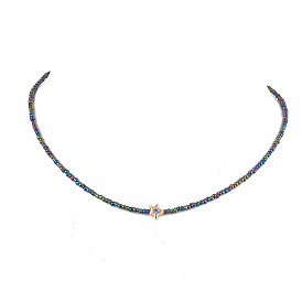 Glass Seed Beads Necklaces, Brass Micro Pave Cubic Zirconia Beads Necklaces