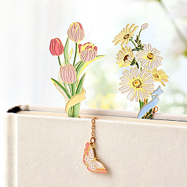 Metal Flower Bookmarks with Golden Pendant Chain, Brass Enamel Hollow Bookmark Gift for Book Lovers, Teachers, Reader, Daisy/Lily/Tulip