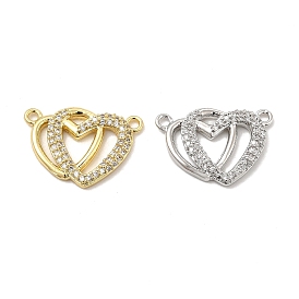 Brass Micro Pave Clear Cubic Zirconia Connector Charms, Double Heart Links