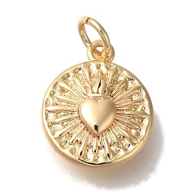 Brass Pendants, Round with Heart Charms, with Jump Ring