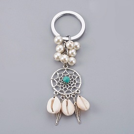 Llavero de concha de cowrie, con fornituras de aleación de estilo tibetano, Cuentas de perlas de vidrio, cuentas de turquesa sintéticos