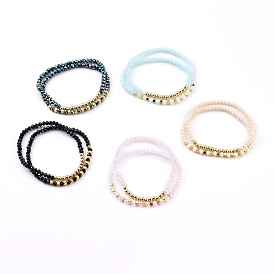 Ensemble de bracelets extensibles empilables à perles de verre opaque rondelle, avec des perles en laiton, facette, or
