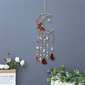 Natural Red Jasper Chip Moon with Lotus Hanging Suncatchers, with Natural Agate Piece and Glass Charm for Home Wall Decorations