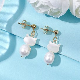 304 Stainless Steel Dangle Stud Earrings, with Natural Pearl, Cat Shape