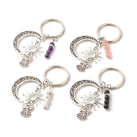 Tibetan Style Sun & Moon & Angel Alloy Keychains, with Gemstone Beads, Brass Crystal Rhinestone Beads, Iron Key Ring