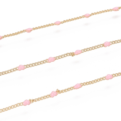 Handmade Brass Curb Chains, Heart Link Chains, with Enamel and Spool, Unwelded, Long-Lasting Plated, Cadmium Free & Nickel Free & Lead Free, Real 18k Gold Plated
