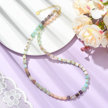 Colliers de perles cubiques en quartz vert fraise naturel, opale rose, jade du Sud, amazonite florale, améthyste et howlite pour femmes, avec rallonge de gourmette en laiton