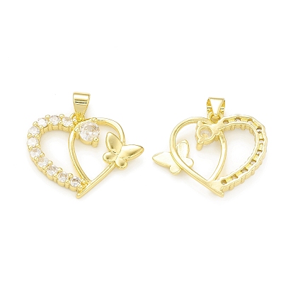 Rack Plating Brass Micro Pave Cubic Zirconia Pendants, Cadmium Free & Lead Free, Long-Lasting Plated, Heart & Butterfly Charm