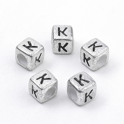 Plated Acrylic Beads, Horizontal Hole, Cube with Letter, Antique Silver
