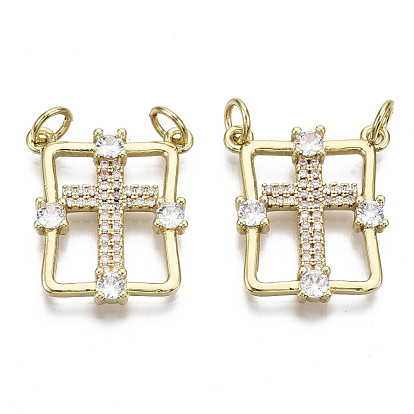 Brass Micro Pave Clear Cubic Zirconia Pendants, with Jump Ring, Nickel Free, Rectangle with Cross