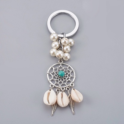 Llavero de concha de cowrie, con fornituras de aleación de estilo tibetano, Cuentas de perlas de vidrio, cuentas de turquesa sintéticos