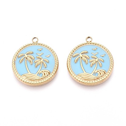 304 подвески из нержавеющей стали, с эмалью, плоский круглый с подвеской из кокосовой пальмы, реальный 14 k позолоченный