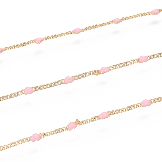 Handmade Brass Curb Chains, Heart Link Chains, with Enamel and Spool, Unwelded, Long-Lasting Plated, Cadmium Free & Nickel Free & Lead Free, Real 18k Gold Plated