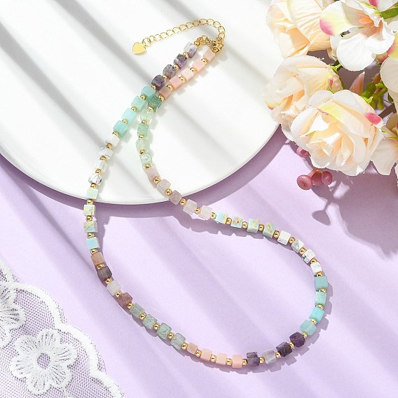Cube Natural Green Strawberry Quartz & Pink Opal & Southern Jade & Flower Amazonite & Amethyst & Howlite Beaded Necklaces for Women, with Brass Curb Chain Extender