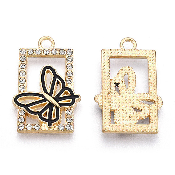 Alloy Enamel Pendants, with Rhinestone, Cadmium Free & Lead Free, Rectangle with Butterfly, Light Gold