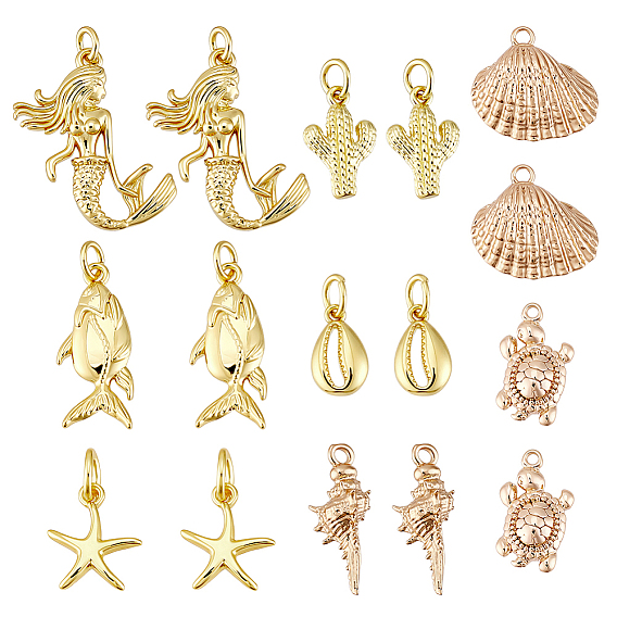 16 pcs 8 styles pendentifs en laiton, breloques animaux marins