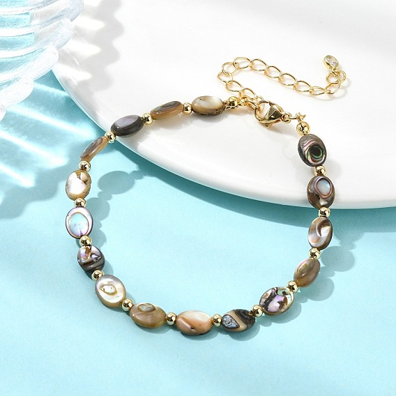 Браслеты из натуральных раковин пауа и латунных бусин для женщин, Плоско-овальные, реальный 14 k позолоченный