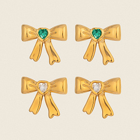 304 серьги-гвоздики из нержавеющей стали с бантом, с кубического циркония, золотые