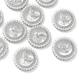 SHEGRACE Brass Clear Cubic Zirconia Pendants, Flat Round with Bird Charms, Cadmium Free & Lead Free & Nickel Free