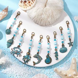 9Pcs Ocean Theme Alloy Charm & Glass Beads Pendant Decorations, with Lobster Claw Clasps