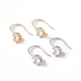 Rack Plating Brass with Clear Cubic Zirconia Earring Hooks, with Horizontal Loops, Long-Lasting Plated, Cadmium Free & Lead Free