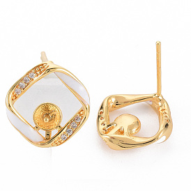 Brass Micro Pave Clear Cubic Zirconia Stud Earring Findings, for Half Drilled Bead, Nickel Free, with Enamel, Real 18K Gold Plated, Rhombus