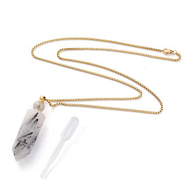Natural Tourmalinated Quartz/Black Rutilated Quartz Openable Perfume Bottle Pendant Necklaces, with 304 Stainless Steel Box Chains and Plastic Dropper, Faceted, Bullet