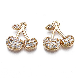 Brass Micro Pave Clear Cubic Zirconia Charms, Long-Lasting Plated, Cadmium Free & Lead Free, Cherry