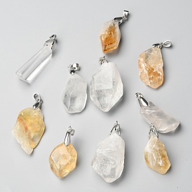 Rough Raw Natural Crystal Quartz & Citrine Pendants, with Platinum Tone Brass Snap on Bails, Nuggets