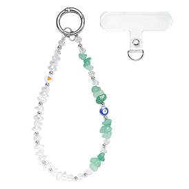 2 Correas para móvil de aventurina verde natural y perla de imitación de plástico ABS., Con cordón de plástico PVC para teléfono móvil y anillos de resorte de aleación.