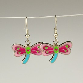 Fashion Alloy Enamel Earrings, with Brass Earring Hooks, Dragonfly, Colorful, 35x24mm