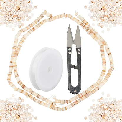 DIY Stretch Bracelets Making Kits, inxlude Flat Round Natural Freshwater Shell Beads, Elastic Crystal Thread and Steel Scissors