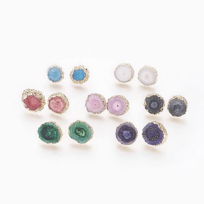 Natural Dyed Quartz Stud Earrings, with Brass Findings, Flat Round, Golden
