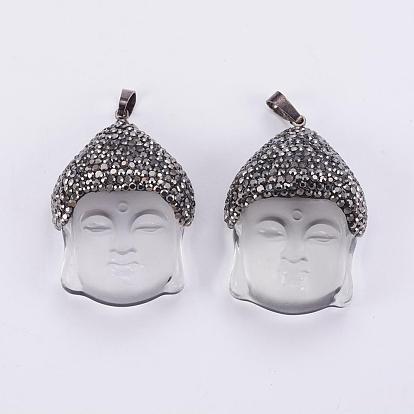 Glass Pendants, with Polymer Clay Rhinestone & Brass Findings, Buddha