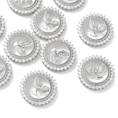 SHEGRACE Brass Clear Cubic Zirconia Pendants, Flat Round with Bird Charms, Cadmium Free & Lead Free & Nickel Free