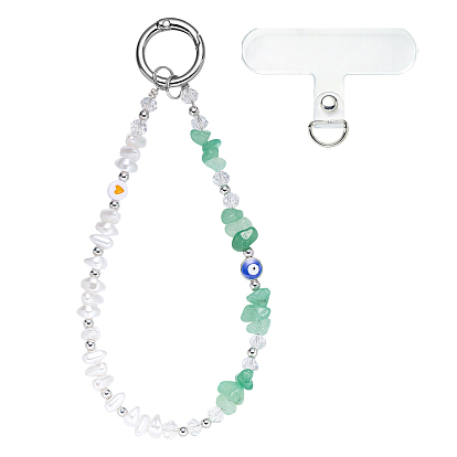 2 Correas para móvil de aventurina verde natural y perla de imitación de plástico ABS., Con cordón de plástico PVC para teléfono móvil y anillos de resorte de aleación.